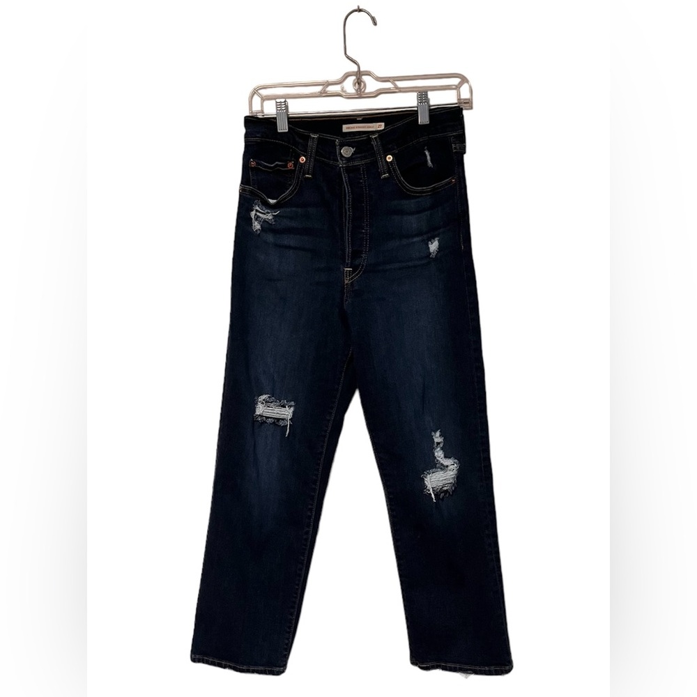 Levi’s Women SZ 27 Ribcage Straight Ankle Distresses High Wasted Dark Wash Jeans